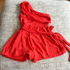 Lulu's Red One-Shoulder Tie-Waist Romper Shorts - Super Cute